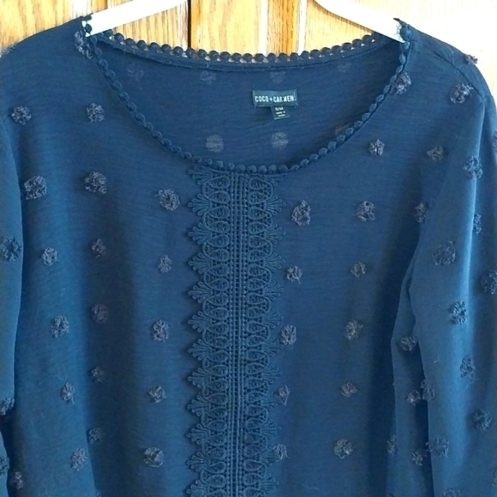Coco + Carmen Embroidered Chiffon Blouse Textured Swiss Polka Dots Black Sml/Med